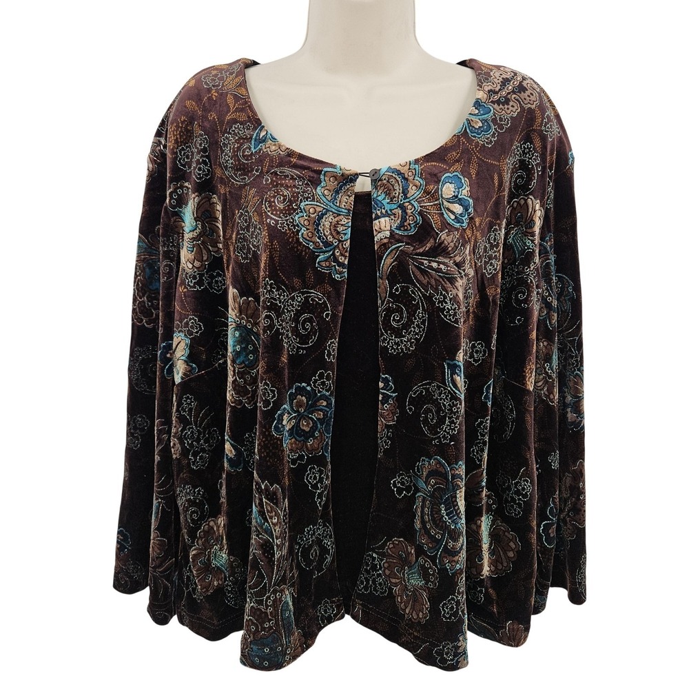 Vtg Fairycore Goblin Top Women 3X Brown Velour Floral Scoop Neck Tunic Top Boho